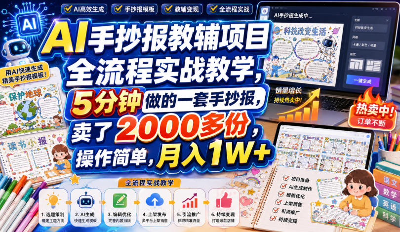 AI手抄报教辅项目全流程实战教学，5分钟做的一套手抄报，卖了2000多份，操作简单，月入1W+-超级会员网