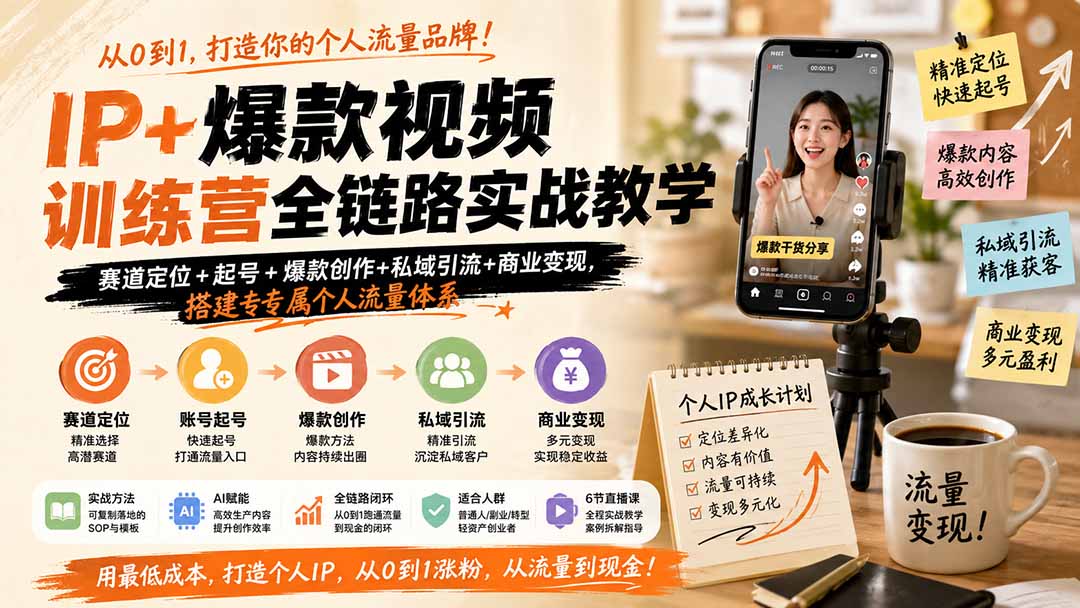 IP+爆款视频训练营全链路实战教学；赛道定位+起号+爆款创作+私域引流+商业变现，搭建专属个人流量体系-超级会员网
