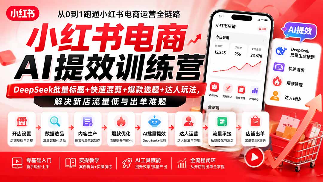 小红书电商AI提效训练营—DeepSeek批量标题+快速混剪+爆款选题+达人玩法，解决新店流量低与出单难题-超级会员网