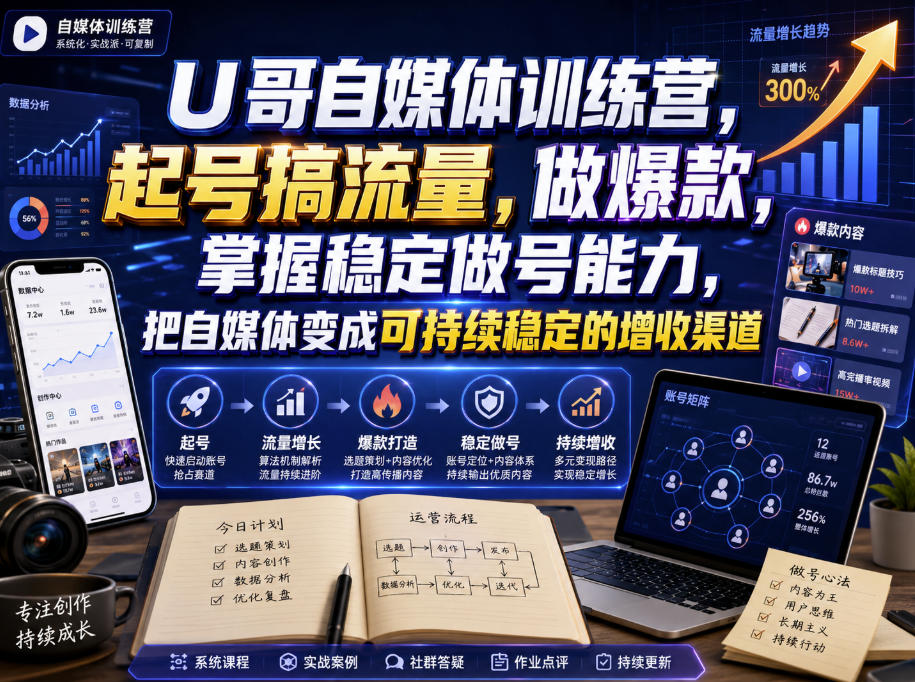 U哥自媒体训练营，起号搞流量，做爆款，掌握稳定做号能力，把自媒体变成可持续稳定的增收渠道-超级会员网