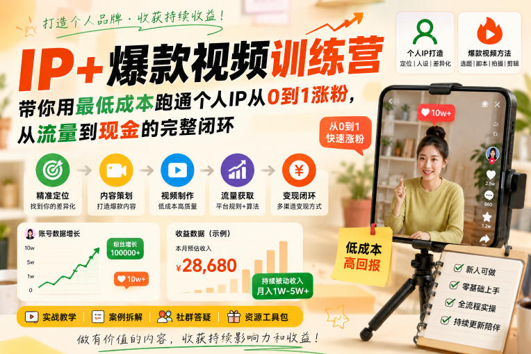 IP+爆款视频训练营，带你用最低成本跑通个人IP从0到1涨粉，从流量到现金的完整闭环-超级会员网