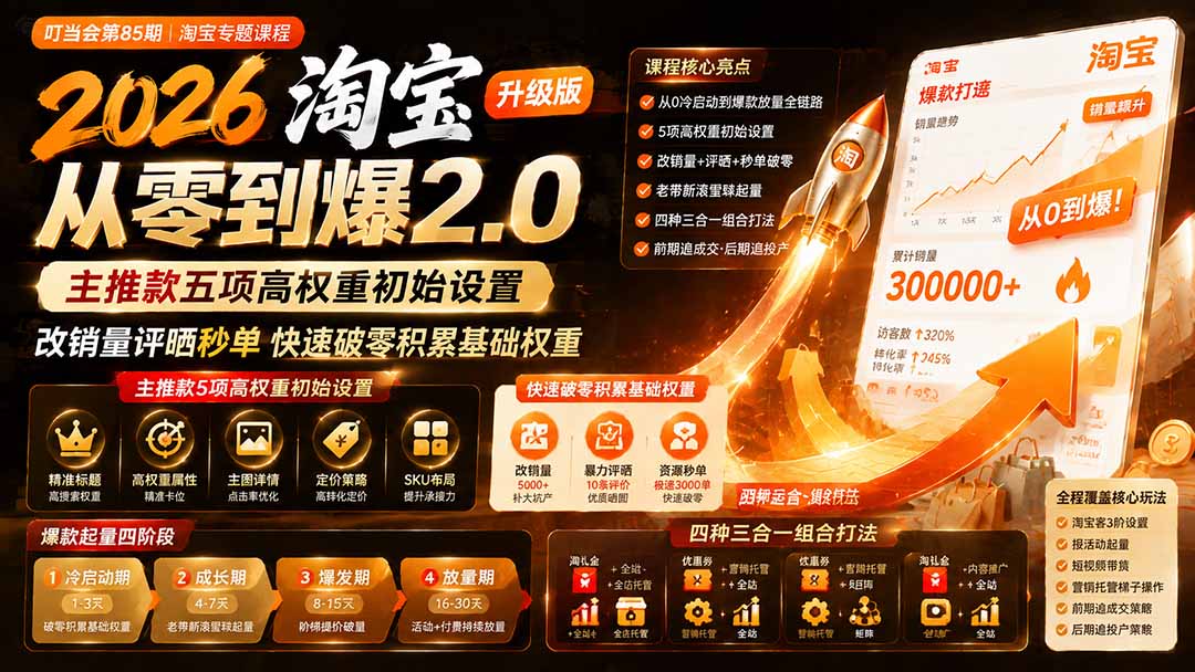 2026淘宝从零到爆2.0第85期；主推款五项高权重初始设置，改销量评晒秒单快速破零积累基础权重-超级会员网