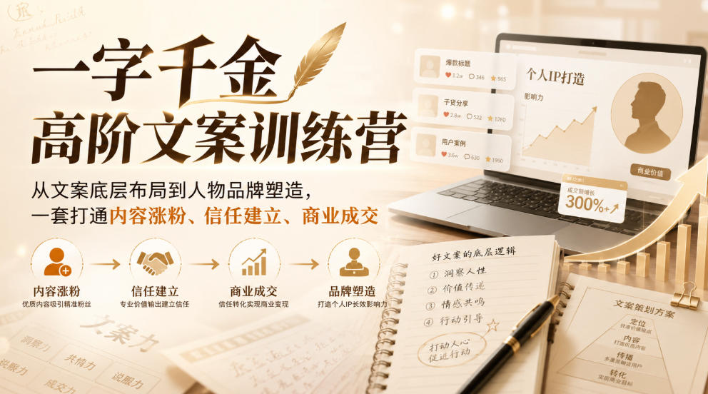 一字千金高阶文案训练营，从文案底层布局到人物品牌塑造，一套打通内容涨粉、信任建立、商业成交-超级会员网