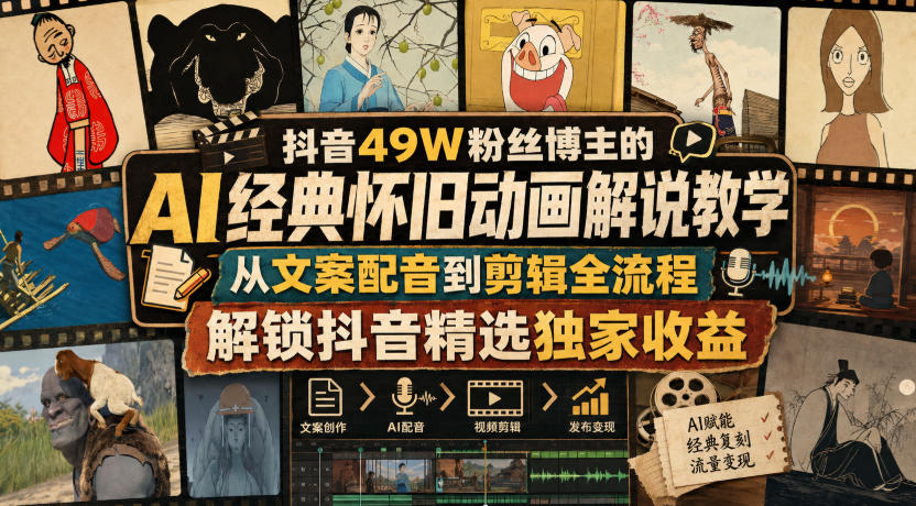 抖音49W粉丝博主的AI经典怀旧动画解说教学，从文案配音到剪辑全流程，解锁抖音精选独家收益-超级会员网