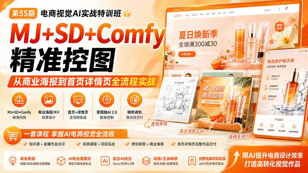 电商视觉 AI实战训练营第55期：MJ+SD+Comfy精准控图，从商业海报到首页详情页全流程实战-超级会员网