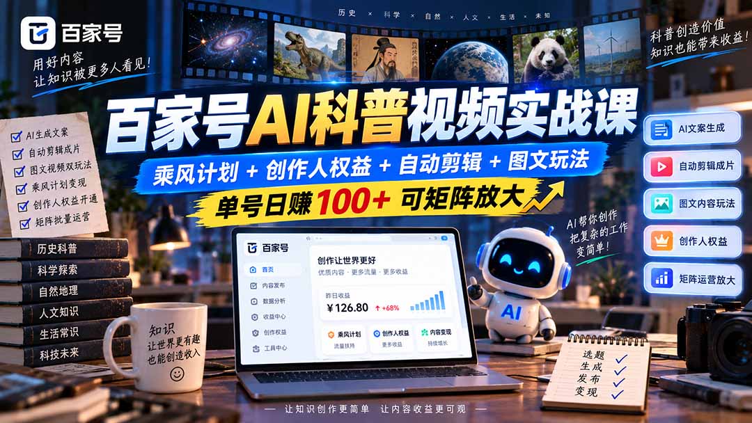 百家号AI科普视频实战课：乘风计划+创作人权益+自动剪辑+图文玩法，单号日赚100+可矩阵放大-超级会员网