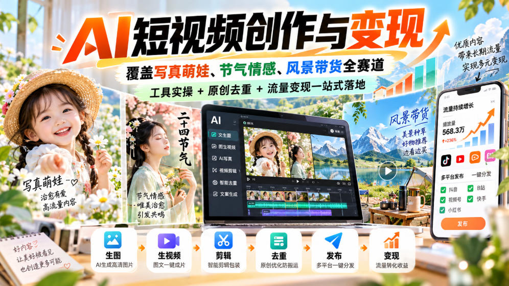 AI短视频创作与变现，覆盖写真萌娃、节气情感、风景带货全赛道，工具实操+原创去重+流量变现一站式落地-超级会员网