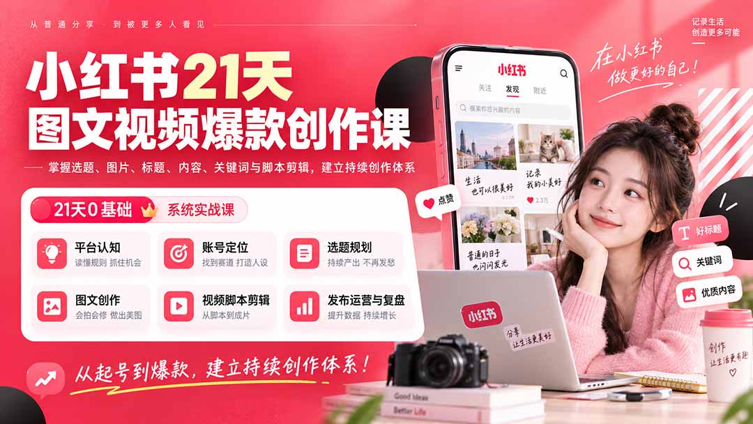 小红书21天图文视频爆款创作课：掌握选题、图片、标题、内容、关键词与脚本剪辑，建立持续创作体系-超级会员网