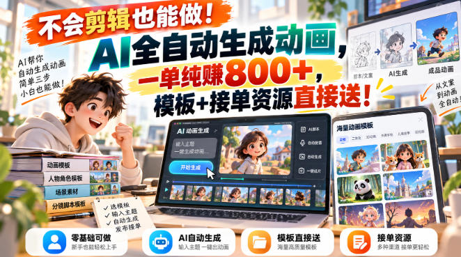不会剪辑也能做！AI全自动生成动画，一单纯賺800+，模板+接单资源直接送！【揭秘】-超级会员网