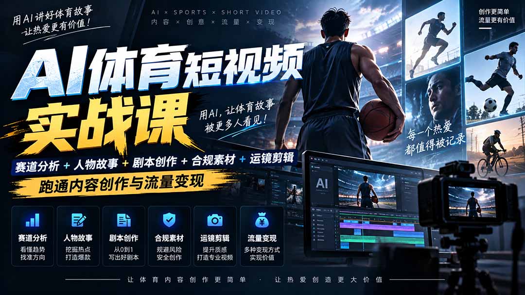 AI体育短视频赛道顶级玩法｜赛道分析+人物故事+剧本创作+版权处理+运镜剪辑，跑通流量变现-日赚1K+-超级会员网