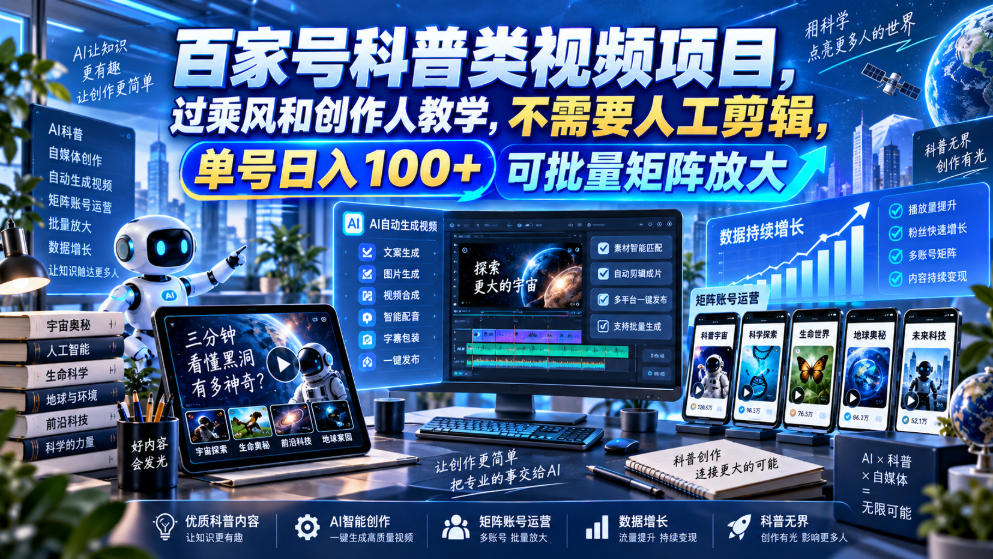 百家号科普类视频项目，过乘风和创作人教学，不需要人工剪辑，单号日入100+可批量矩阵放大-超级会员网