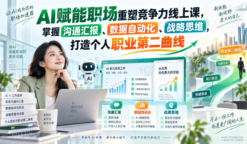 AI赋能职场重塑竞争力线上课，掌握沟通汇报、数据自动化、战略思维，打造个人职业第二曲线-超级会员网