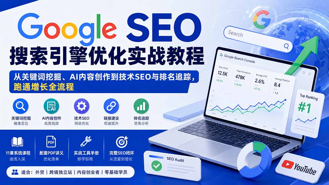 Google SEO搜索引擎优化实战教程：从关键词挖掘、AI内容创作到技术SEO与排名追踪，跑通增长全流程-超级会员网