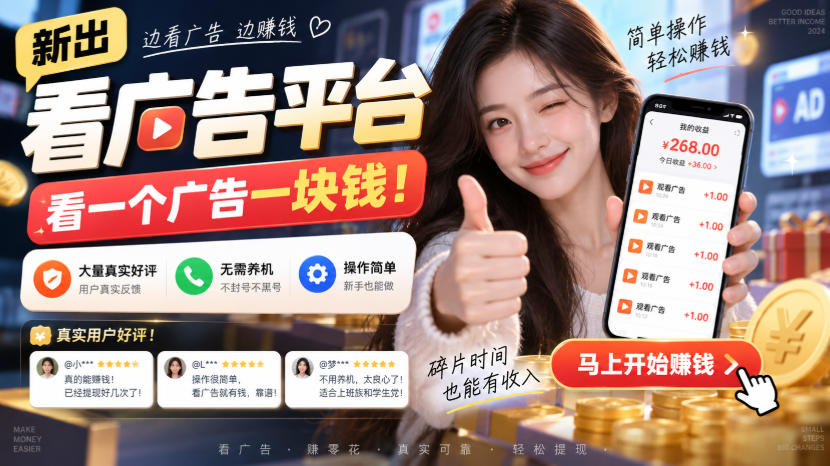 新出看广告平台，看一个广告一块钱，大量真实好评！无需养机、不会黑号，操作简单【揭秘】-超级会员网