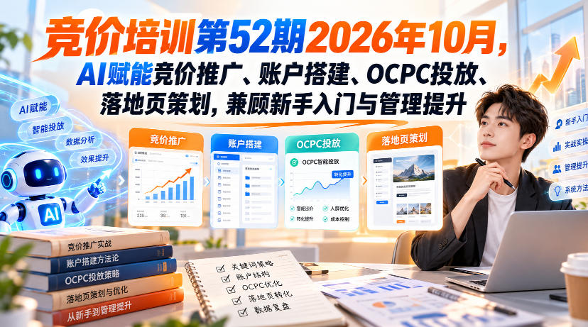 【无水印】竞价培训第52期2026年10月，AI赋能竞价推广、账户搭建、OCPC投放、落地页策划，兼顾新手入门与管理提升-超级会员网