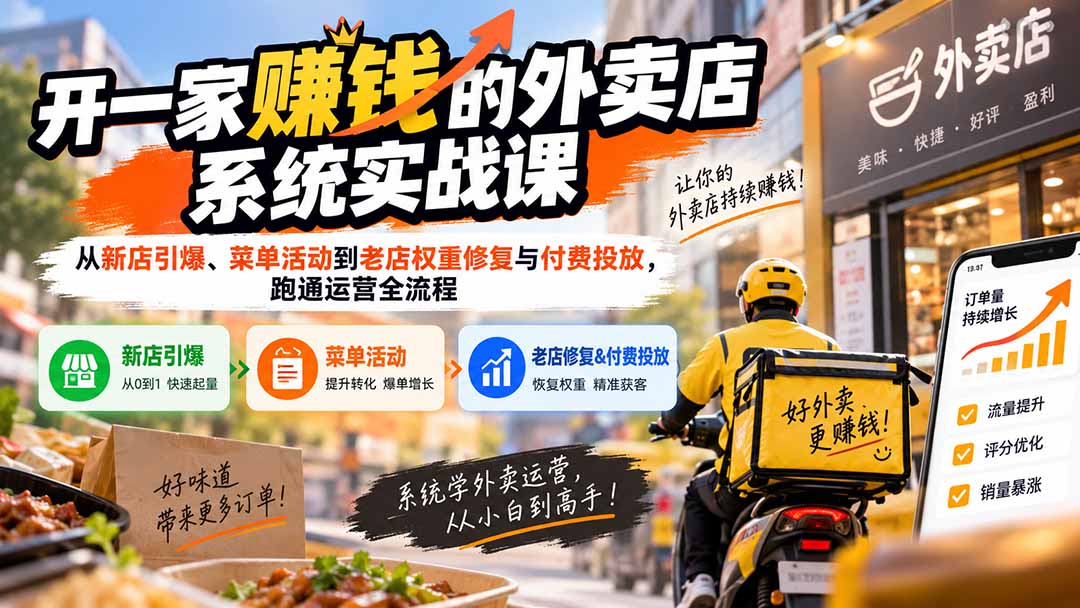 开一家赚钱的外卖店系统实战课：从新店引爆、菜单活动到老店权重修复与付费投放，跑通运营全流程-超级会员网