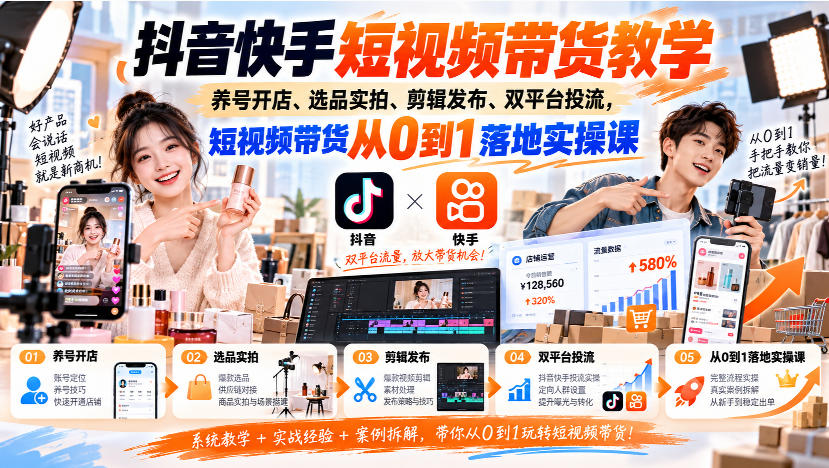 抖音快手短视频带货教学｜养号开店、选品实拍、剪辑发布、双平台投流，短视频带货从0到1落地实操课-超级会员网