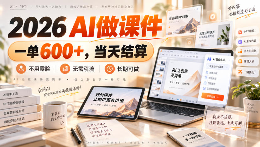 2026 AI做课件，一单600+，当天结算，不用露脸，无需引流，长期可做【揭秘】-超级会员网