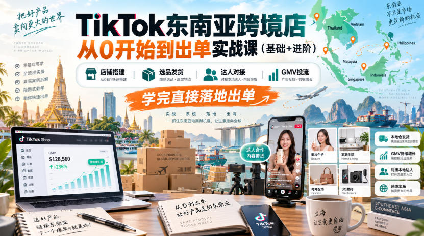 TikTok东南亚跨境店从0开始到出单实战课(基础+进阶)，店铺搭建、选品发货、达人对接、GMV投流，学完直接落地出单-超级会员网