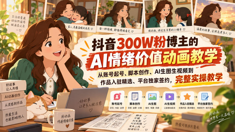 抖音300W粉博主的AI情绪价值动画教学，从账号起号、脚本创作、AI生图生视频到作品入驻精选、平台独家签约，完整实操-超级会员网