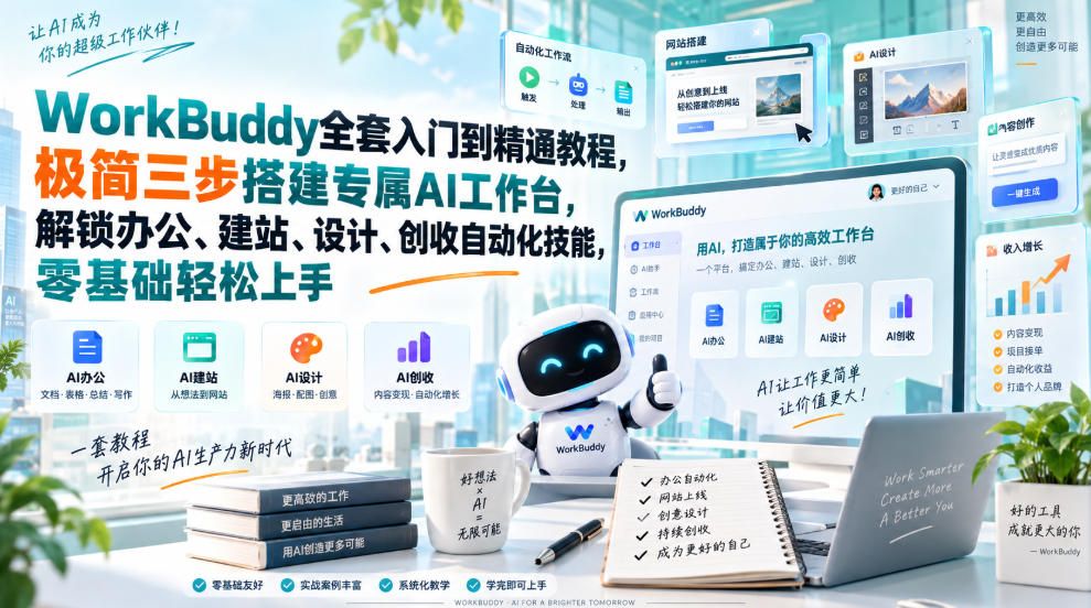 WorkBuddy全套入门到精通教程，极简三步搭建专属AI工作台，解锁办公、建站、设计、创收自动化技能，零基础轻松上手-超级会员网