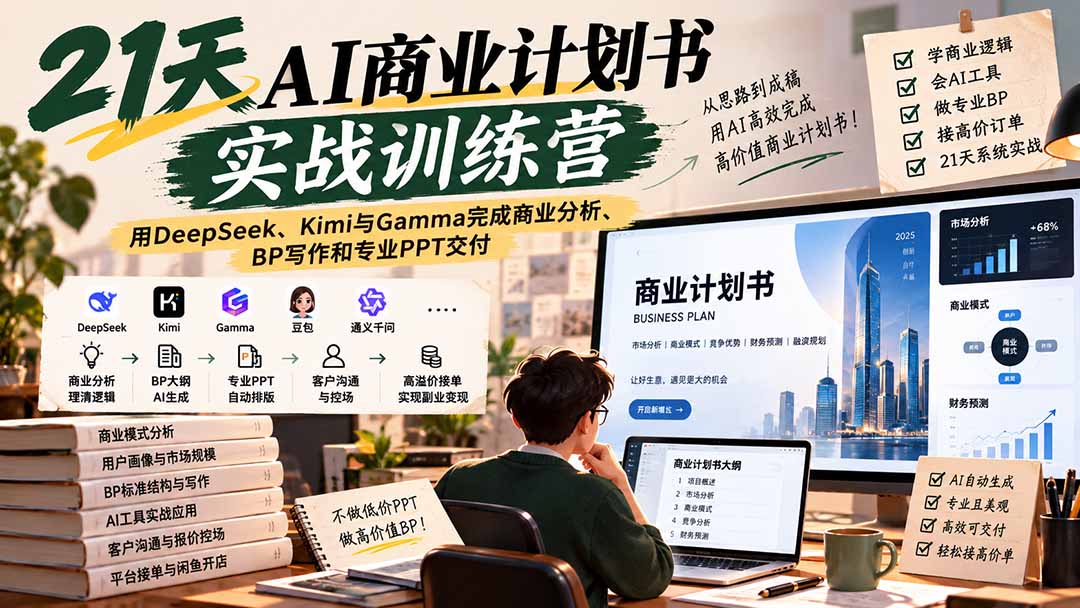 【无水印】21天AI商业计划书实战训练营：用DeepSeek、Kimi与Gamma完成商业分析、BP写作和专业PPT交付-超级会员网