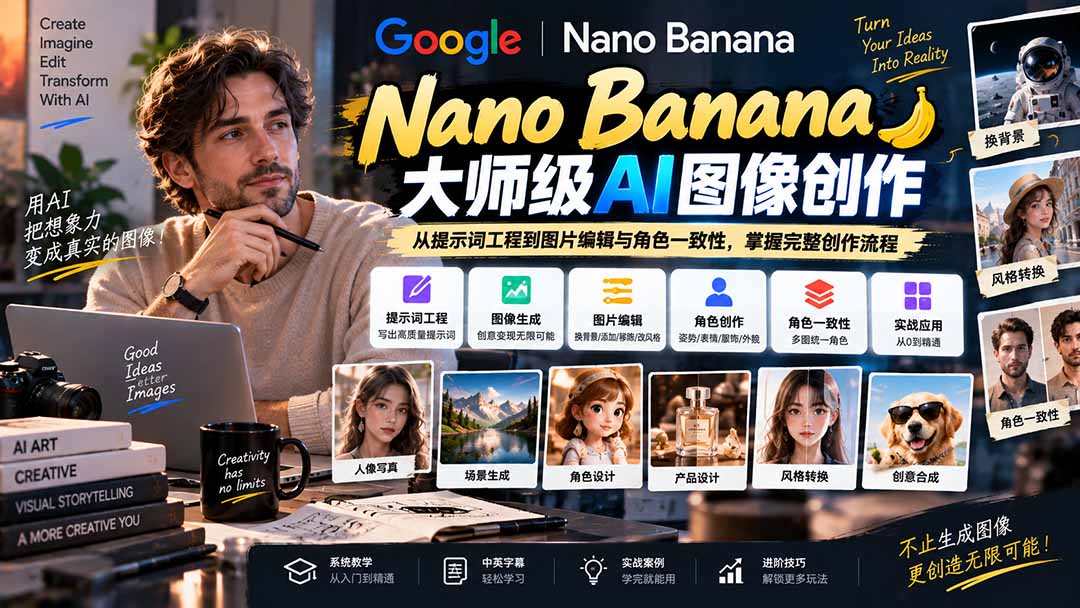 【无水印】Nano Banana大师级AI图像实战课：从提示词工程到图片编辑与角色一致性，掌握完整创作流程-超级会员网
