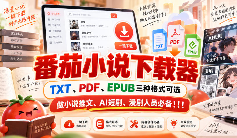 番茄小说下载器，TXT、PDF、EPUB三种格式可选，做小说推文、AI短剧、漫剧人员必备！！！-超级会员网