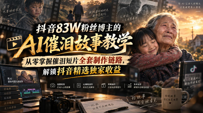 抖音83W粉丝博主的AI催泪故事教学，从零掌握催泪短片全套制作链路，解锁抖音精选独家收益-超级会员网