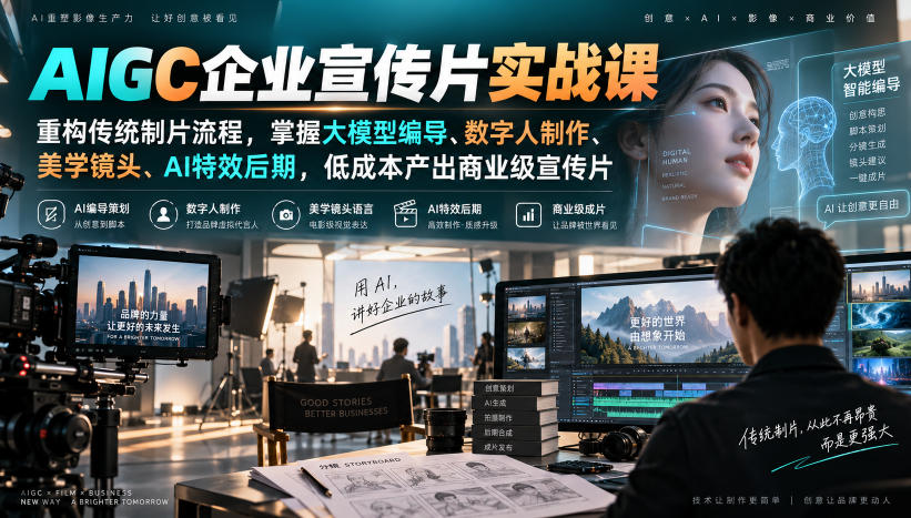 AIGC企业宣传片实战课，重构传统制片流程，掌握大模型编导、数字人制作、美学镜头、AI特效后期，低成本产出商业级宣传片-超级会员网