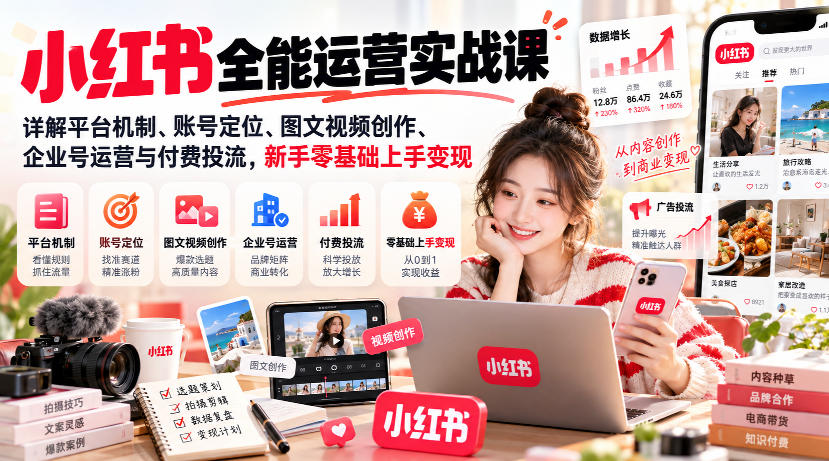 小红书全能运营实战课，详解平台机制、账号定位、图文视频创作、企业号运营与付费投流，新手零基础上手变现-超级会员网