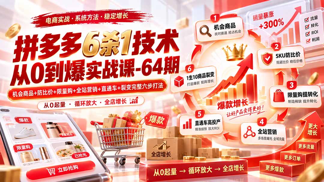 拼多多6杀1技术从0到爆实战课-64期：机会商品+防比价+限量购+全站营销+直通车+裂变完整六步打法-超级会员网