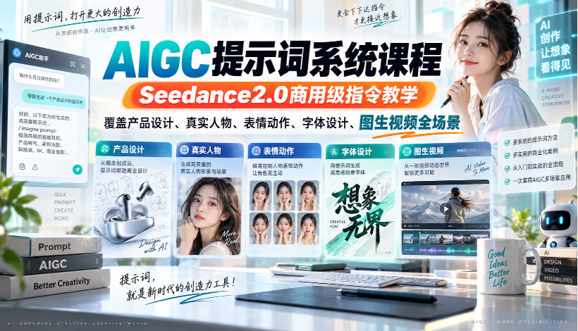 AIGC提示词系统课程，Seedance2.0商用级指令教学，覆盖产品设计、真实人物、表情动作、字体设计、图生视频全场景-超级会员网