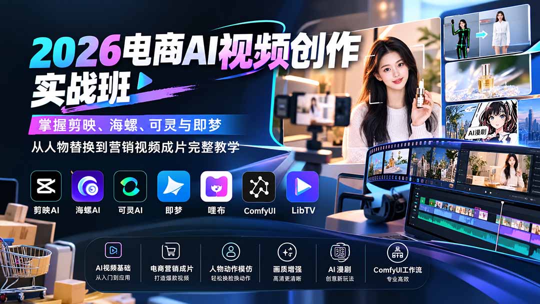 2026电商AI视频创作实战班：掌握剪映、海螺、可灵与即梦，从人物替换到营销视频成片完整教学-超级会员网