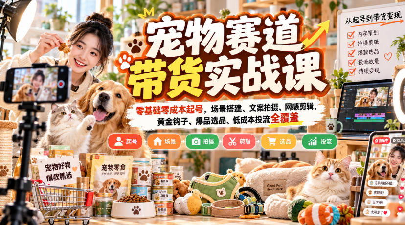 宠物赛道带货实战课，零基础零成本起号，场景搭建、文案拍摄、网感剪辑、黄金钩子、爆品选品、低成本投流全覆盖-超级会员网