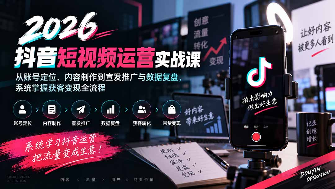 2026抖音短视频运营实战课：从账号定位、内容制作到宣发推广与数据复盘，系统掌握获客变现全流程-超级会员网