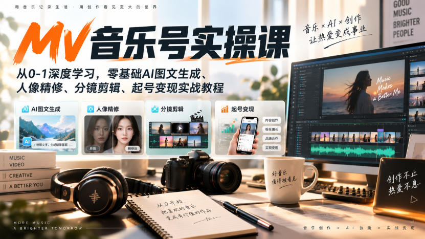 AI MV音乐号实操课，从0-1深度学习，零基础AI图文生成、人像精修、分镜剪辑、起号变现实战教程-超级会员网