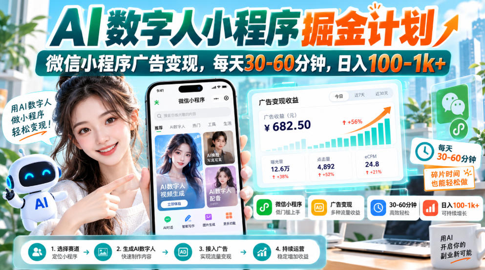 【无水印】AI数字人小程序掘金计划，微信小程序广告变现，每天30‑60分钟，日入100‑1k+-超级会员网