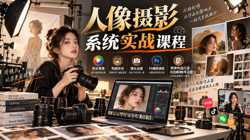 【无水印】人像摄影系统实战课程，色彩审美、构图布光、镜头运用、PS精修调色，附带作品打造与自媒体账号运营-超级会员网
