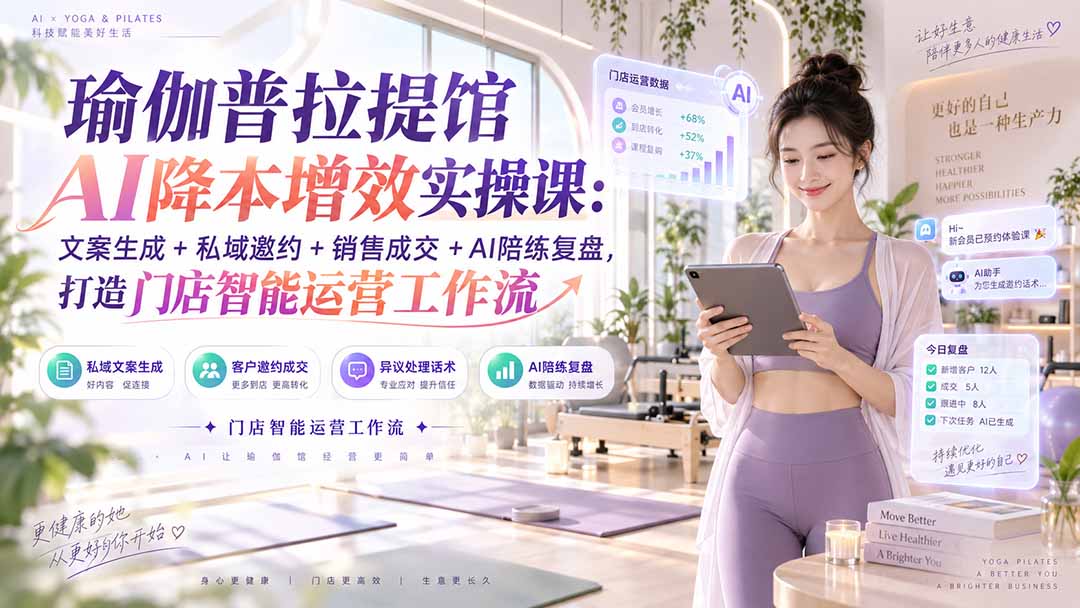 瑜伽普拉提馆AI降本增效实操课：文案生成+私域邀约+销售成交+AI陪练复盘，打造门店智能运营工作流-超级会员网