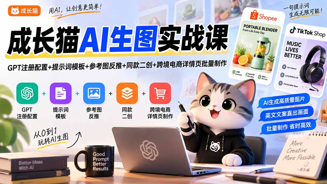 成长猫AI生图实战课｜GPT注册配置+提示词模板+参考图反推+同款二创+跨境电商详情页批量制作-超级会员网