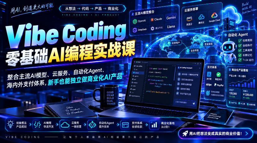 Vibe Coding零基础AI编程实战课-无水印，整合主流AI模型、云服务、自动化Agent、海内外支付体系，新手也能独立做商业化AI产品-超级会员网