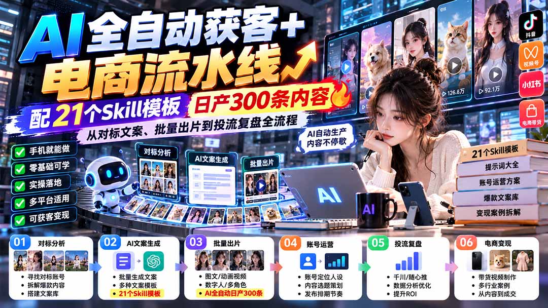 【无水印】AI全自动获客+电商流水线：配21个Skill模板，日产300条内容，从对标文案、批量出片到投流复盘全流程-超级会员网