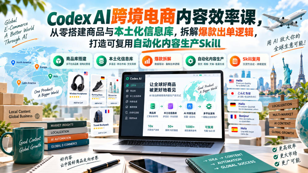 Codex AI跨境电商内容效率课，从零搭建商品与本土化信息库，拆解爆款出单逻辑，打造可复用自动化内容生产Skill-超级会员网