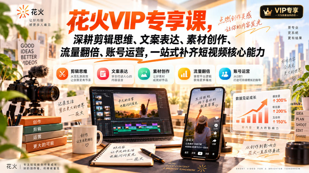 花火VIP专享课，深耕剪辑思维、文案表达、素材创作、流量翻倍、账号运营，一站式补齐短视频核心能力-超级会员网
