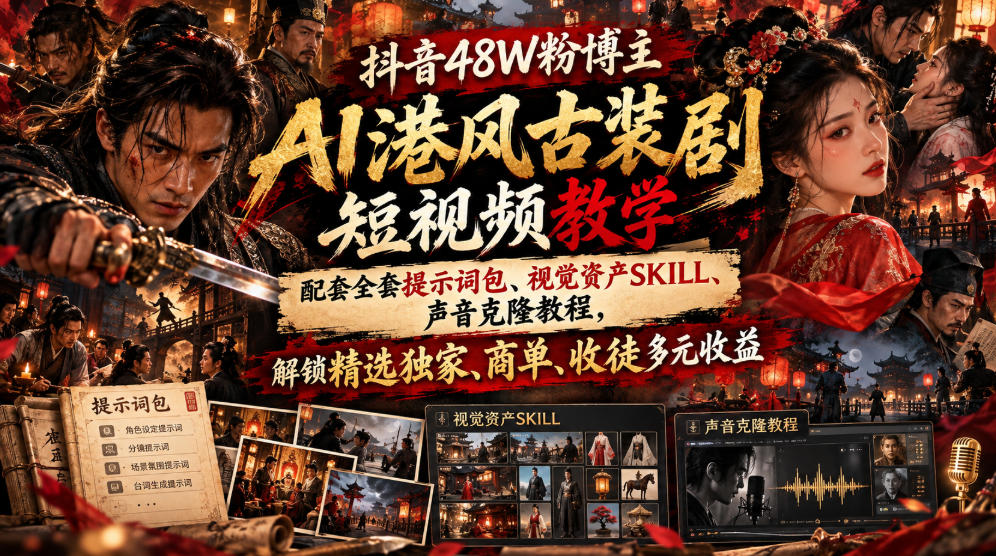 抖音48W粉博主AI港风古装剧短视频教学，配套全套提示词包、视觉资产SKILL、声音克隆教程，解锁精选独家、商单、收徒多元收益-超级会员网