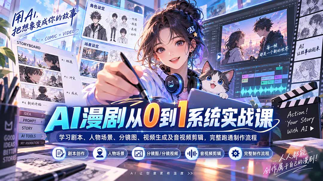 AI漫剧从0到1系统实战课：学习剧本、人物场景、分镜图、视频生成及音视频剪辑，完整跑通制作流程-超级会员网