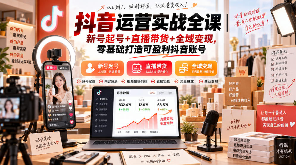 抖音运营实战全课｜新号起号+直播带货+全域变现，零基础打造可盈利抖音账号-超级会员网