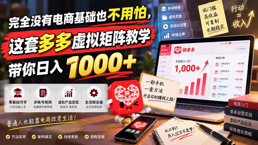 完全没有电商基础也不用怕，这套多多虚拟矩阵教学带你日入 1000+-超级会员网