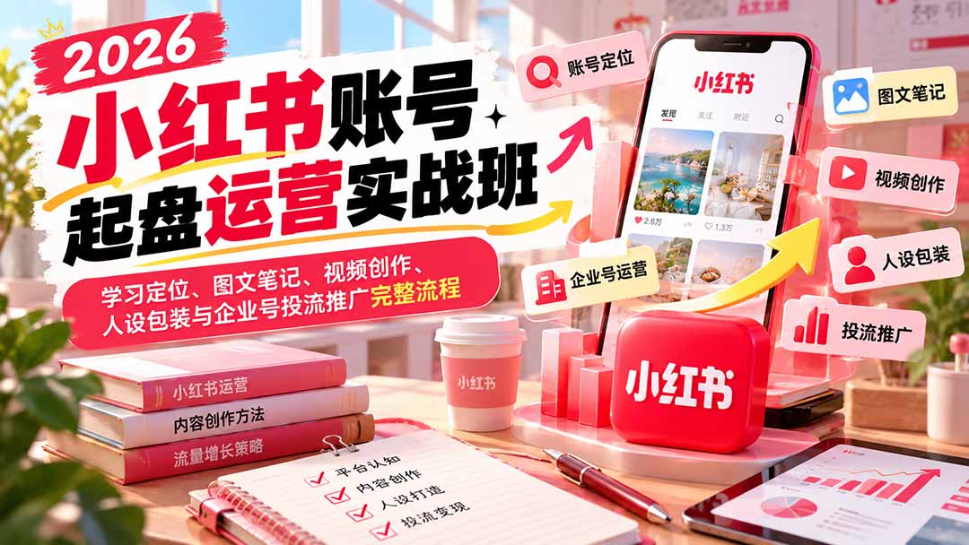 2026小红书账号起盘运营实战班：学习定位、图文笔记、视频创作、人设包装与企业号投流推广完整流程-超级会员网